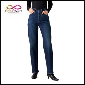 High Rise Straight Leg Jeans Slim Fit Stretch Cotton Classic Retro Chic